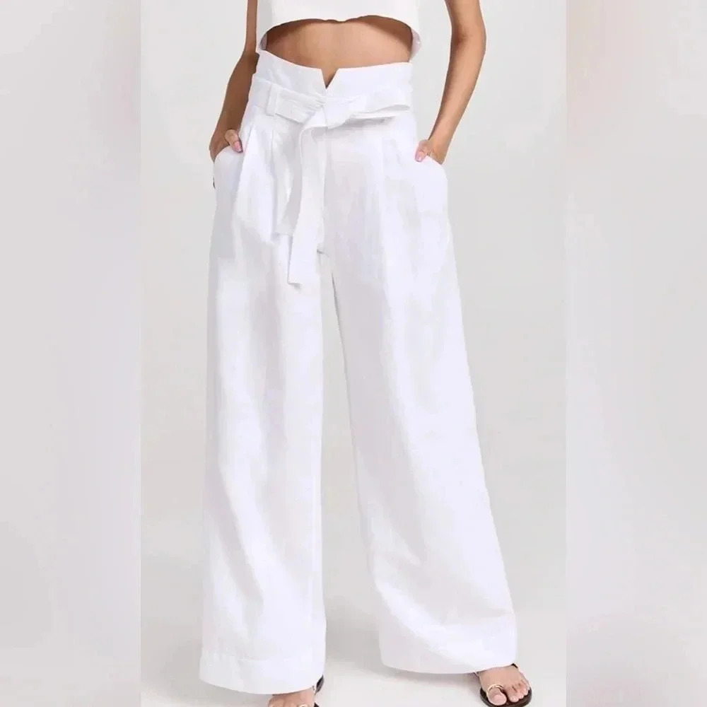 A.L.C. EMILY HIGH RISE WIDE LEG PANTS COTTON /LINEN BLEND TIE WAIST SIZE 8